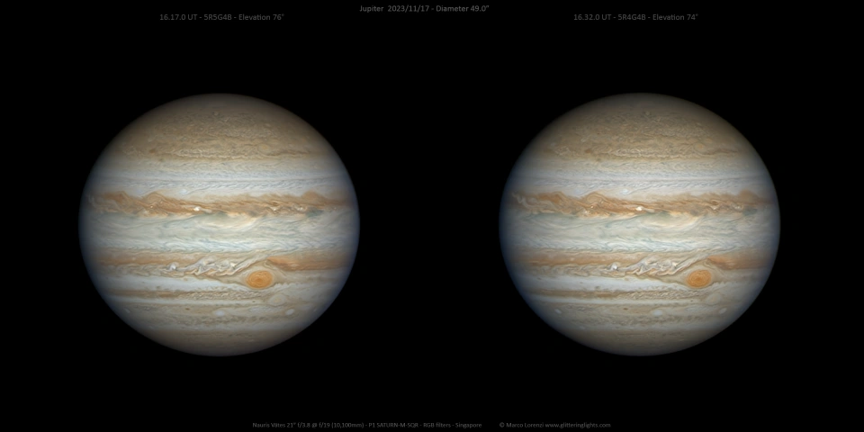 处于“冲”位附近的木星立体图，木星大红斑和白色椭圆形旋涡清晰可见！