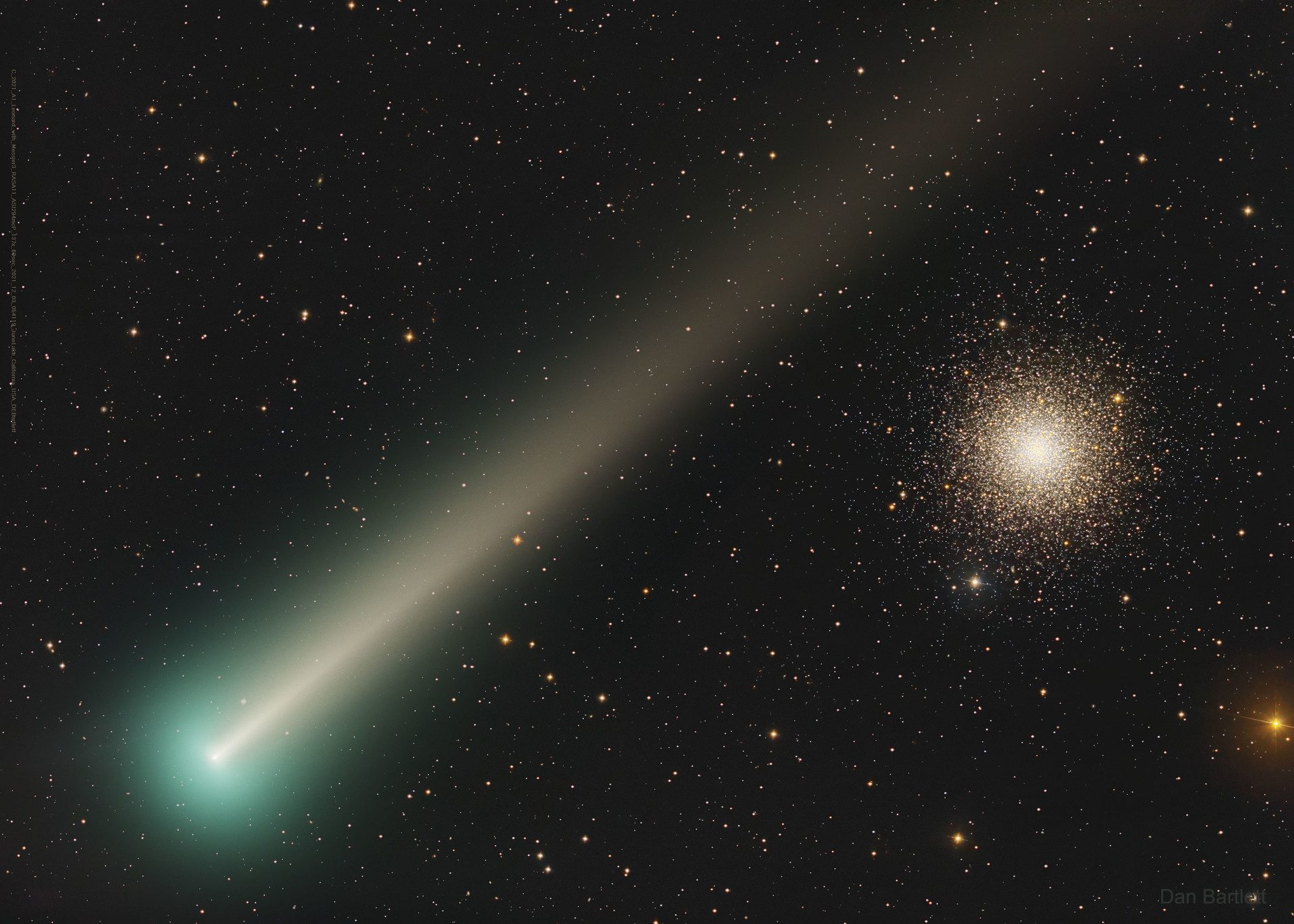 球状星团M3前方的伦纳德彗星，本周是最佳的彗星观赏时机