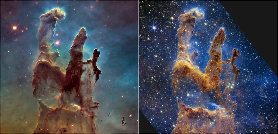 太壮观啦！韦伯望远镜发布“创生之柱”全新图像，与哈勃望远拍摄的对比照也来啦！